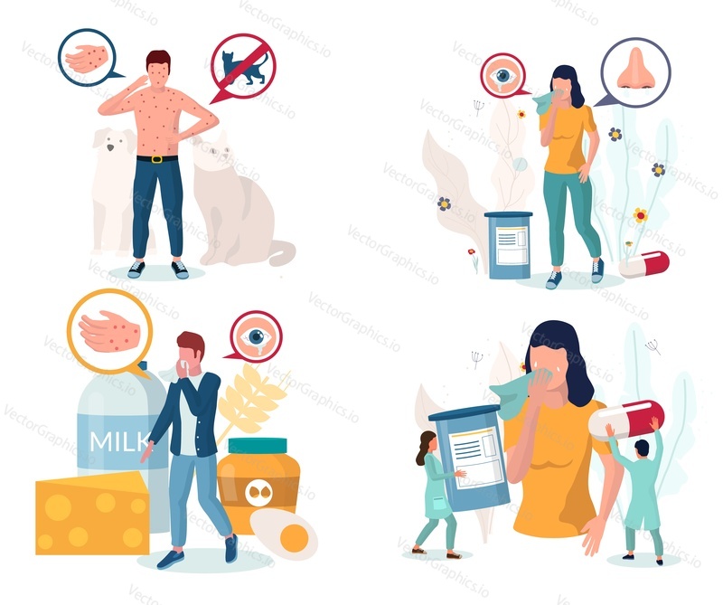 Allergy types set, vector flat isolated illustration. People suffering from pet, food, pollen, seasonal allergy symptoms such as runny nose, itching and watery eyes, rash, sneezing. Allergic reaction.
