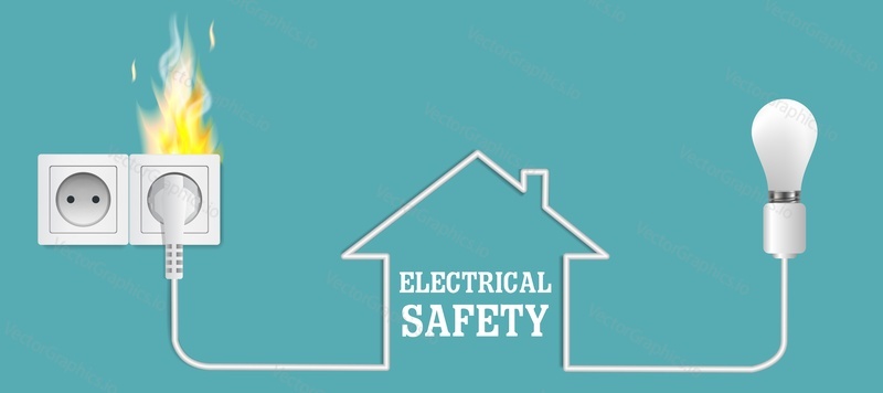 Elektrická bezpečnostní rizika vektorové plakát banner design šablony. Dům, ve kterém začala hořet zásuvka.