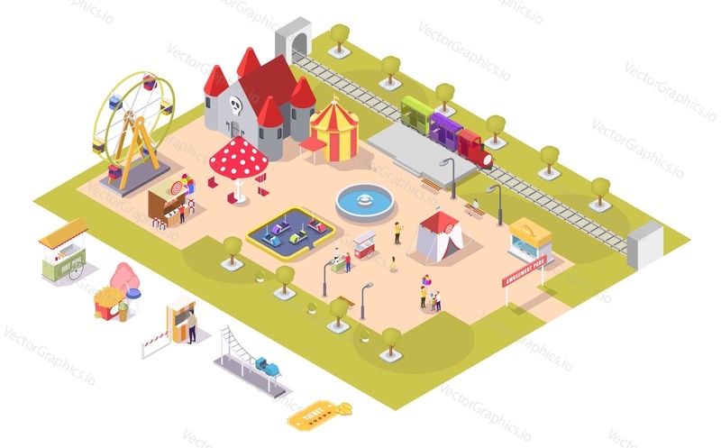 Amusement park vector flat isometric composition with carousel haunted house ferris wheel circus tent shooting range bumper cars train ride areas, cotton candy and hot dog carts, ticket office.