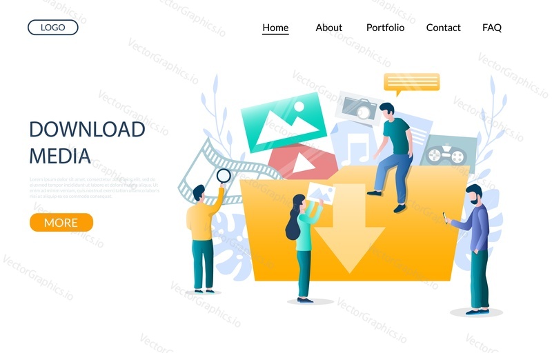 Stáhněte si šablonu webových stránek media vector, design webových stránek a vstupních stránek pro vývoj webových stránek a mobilních stránek. Zdarma ke stažení symbol, mužské a ženské postavy.