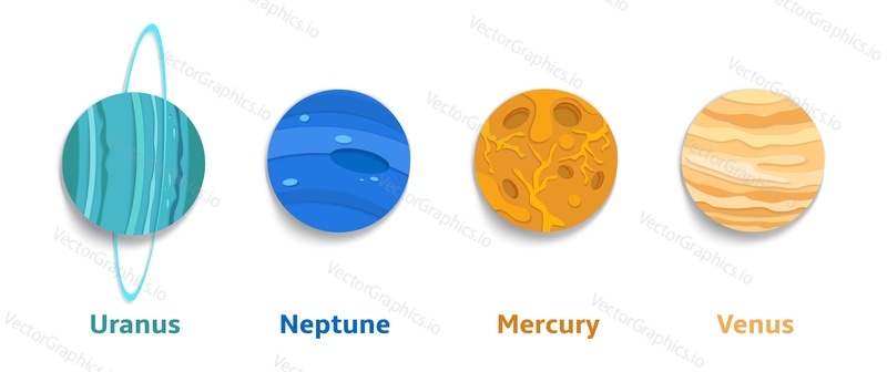 Vrstvený papír střih styl Uran, Neptun, Venuše, Merkur fantastické planety sluneční soustavy, vektorové ilustrace izolovaných na bílém pozadí. Astronomie pro děti.