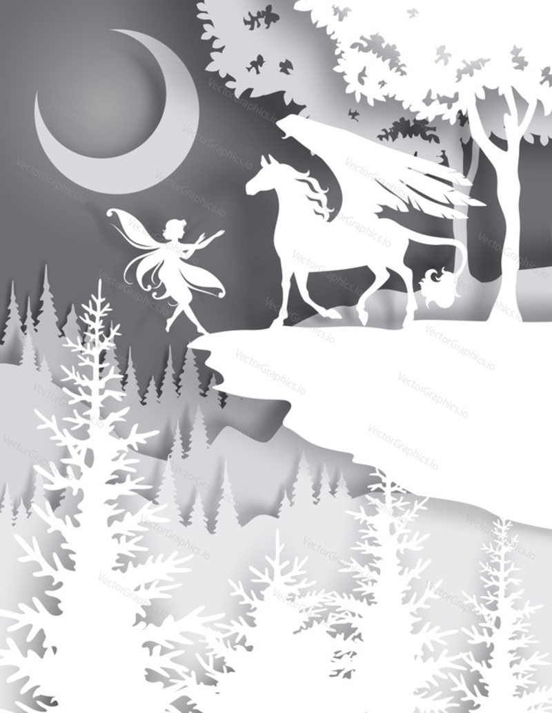 Pegasus, okřídlený kůň magický mýtický pohádkový charakter silueta, vektorové ilustrace. Pohádková kompozice v papírovém uměleckém řemeslném stylu.