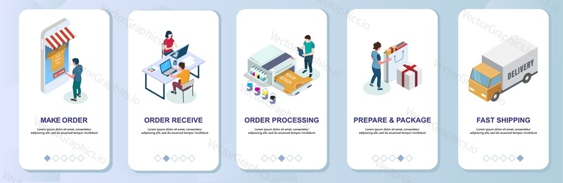 Vlastní T-Shirt tisk online služby mobilní aplikace onboarding obrazovky. Menu banner vektorová šablona pro vývoj webových stránek a aplikací. Příjem a zpracování objednávek, Box a doručení.