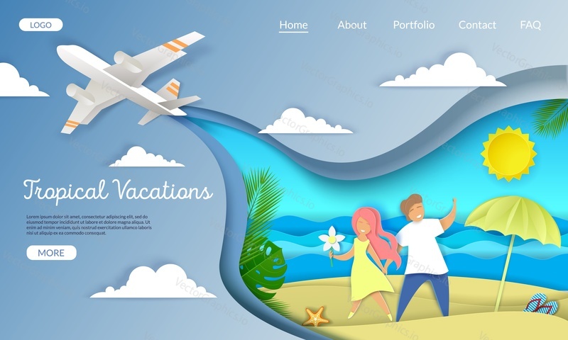 Tropical vacations vector website template, design webové stránky a vstupní stránky pro vývoj webových stránek a mobilních stránek. Milující pár romantické líbánky, letní prázdniny na pláži, styl vrstveného papíru.