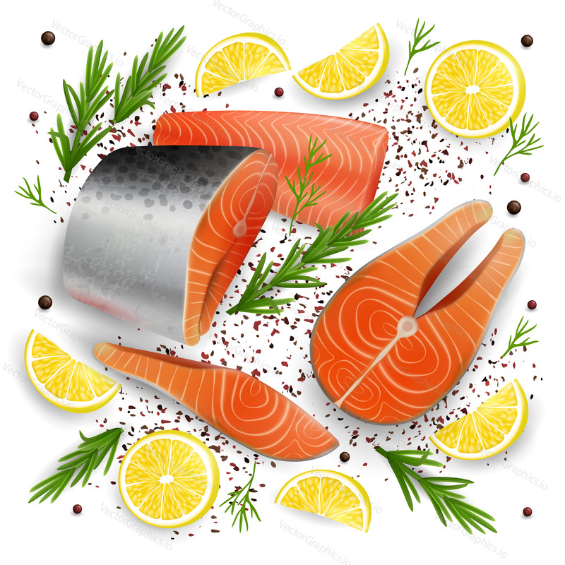 Salmon red fish raw steaks, fillet with lemon slices and spicy herb, vector realistic illustration. Fresh organic seafood composition for restaurant, sushi bar menu etc.