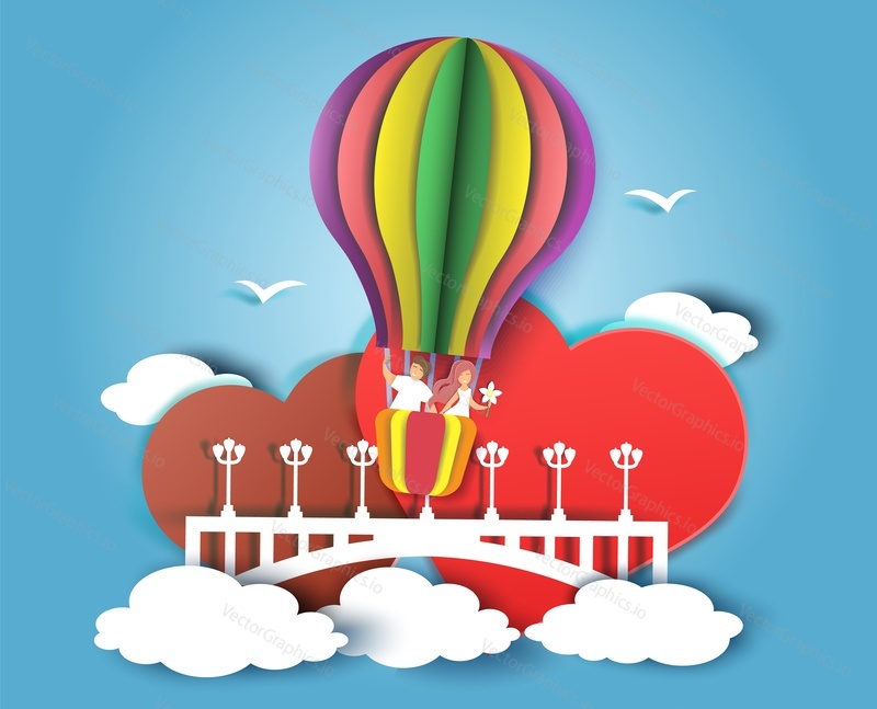 Valentines day greeting card template. Happy couple flying in hot air balloon in the sky, two hearts, vector illustration in paper art craft style.