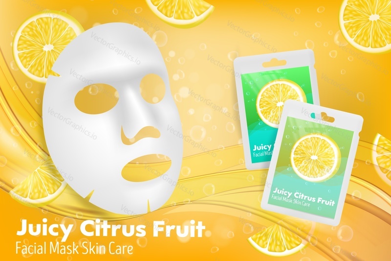 Citrus list maska ad, vektorové ilustrace. Realistické složení pleťové masky s obalovými sáčky, plátky citronu. Kosmetická krása Péče o pleť produkt čistící maska značky plakát šablony.