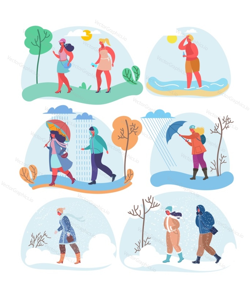 Women in different seasons, vector flat illustration isolated on white background. Female cartoon characters walking in hot summer, rainy autumn and snowy winter weather.