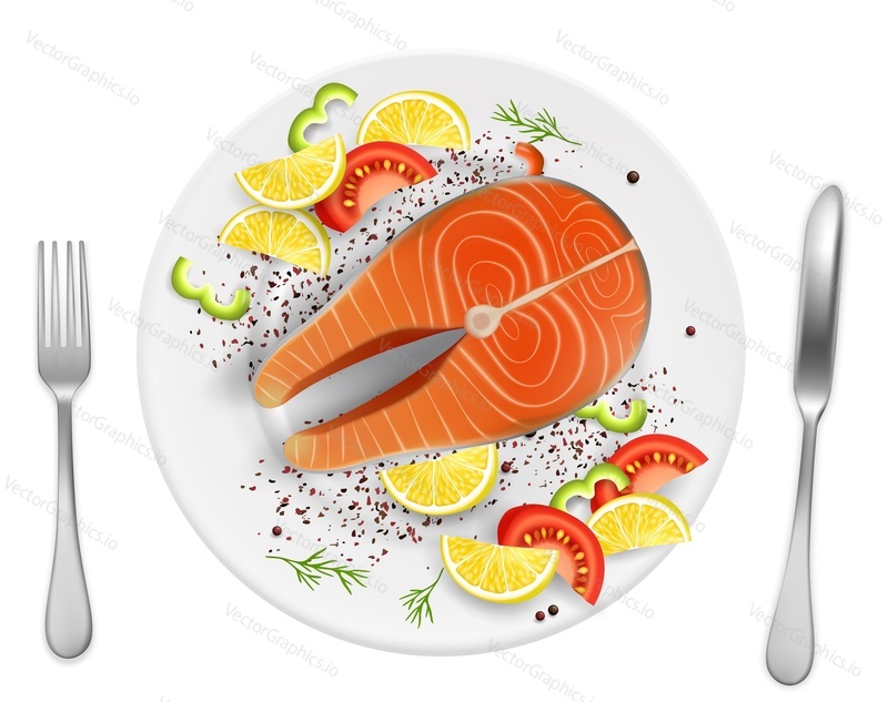 Lososově červený rybí steak s citronem, pepřem, plátky rajčat a pikantní bylinkou na talíři, vektorové realistické zobrazení shora ilustrace. Smažené nebo grilované mořské plody složení pro menu, recept, web banner.