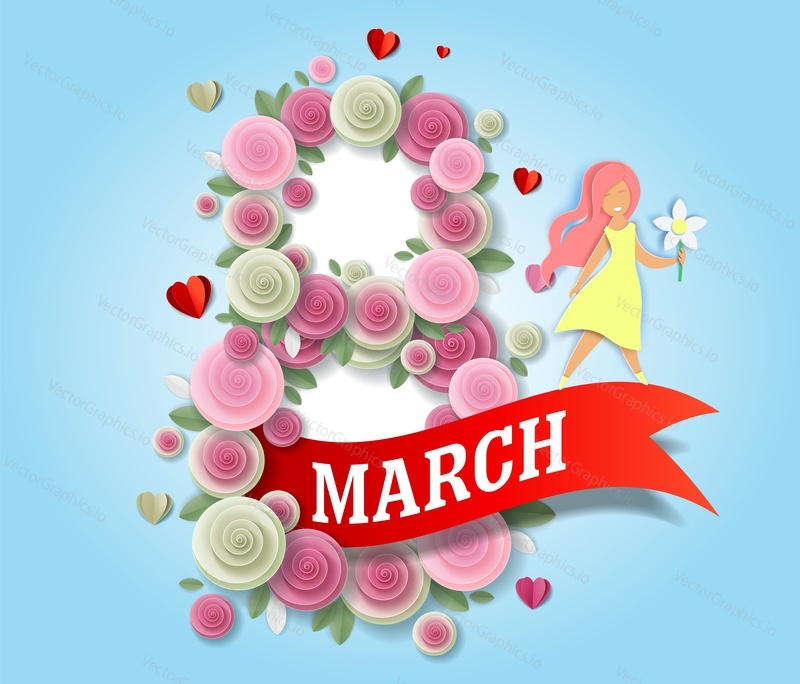 8 March International Women Day greeting card template. Vector illustration in paper art craft style. Creative figure of eight with paper cut flowers and beautiful girl on ribbon.
