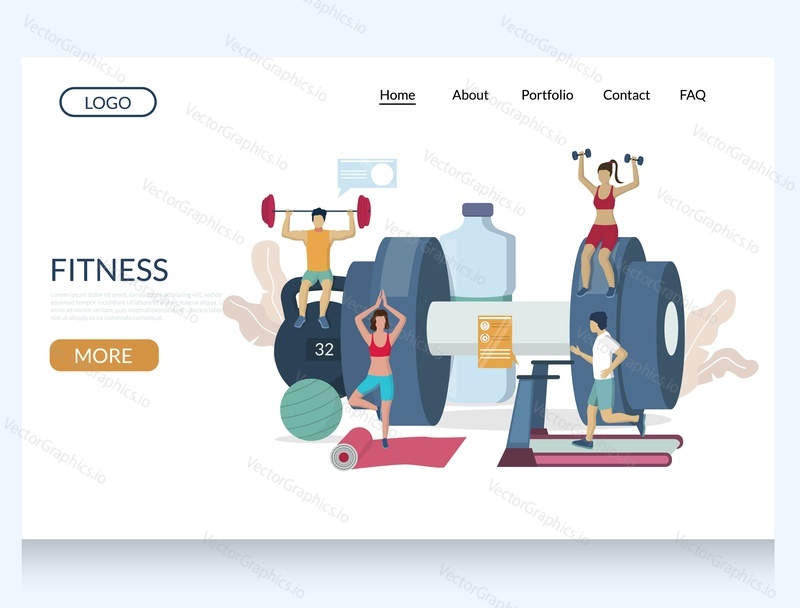 Fitness vektorová šablona webových stránek, design webových stránek a vstupních stránek pro vývoj webových stránek a mobilních stránek. Aktivní zdravý životní styl, vybavení tělocvičny, cvičení na váze.