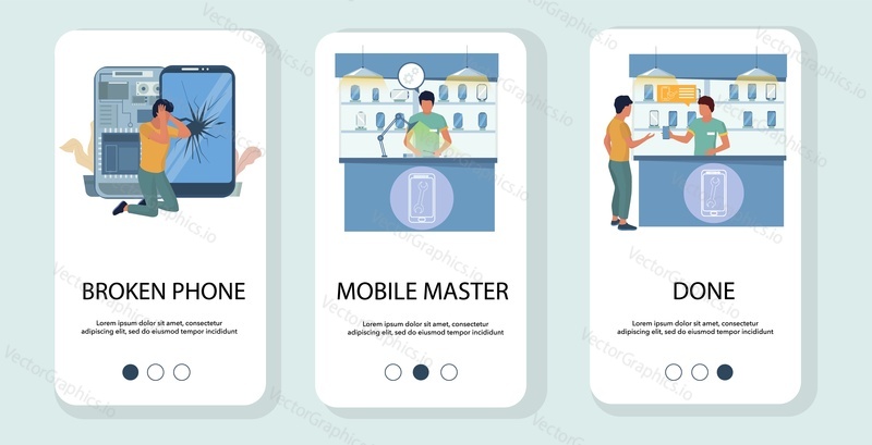 Phone repair mobile app onboarding screens. Menu banner vector template for website and application development.