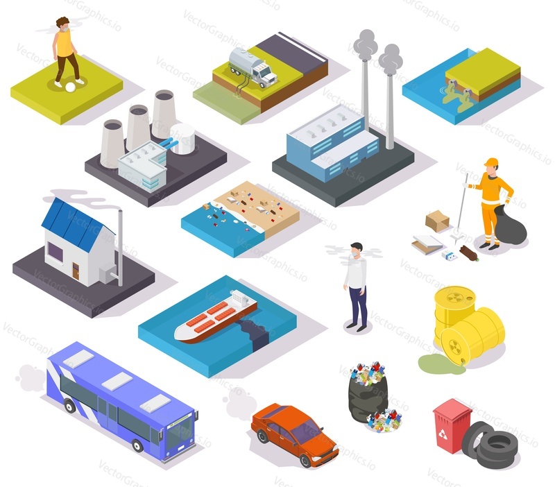 Environmental pollution types flowchart, vector flat isometric illustration. Water, air and land pollution. Household garbage and industrial waste, oil, chemicals, dangerous gases and substances.