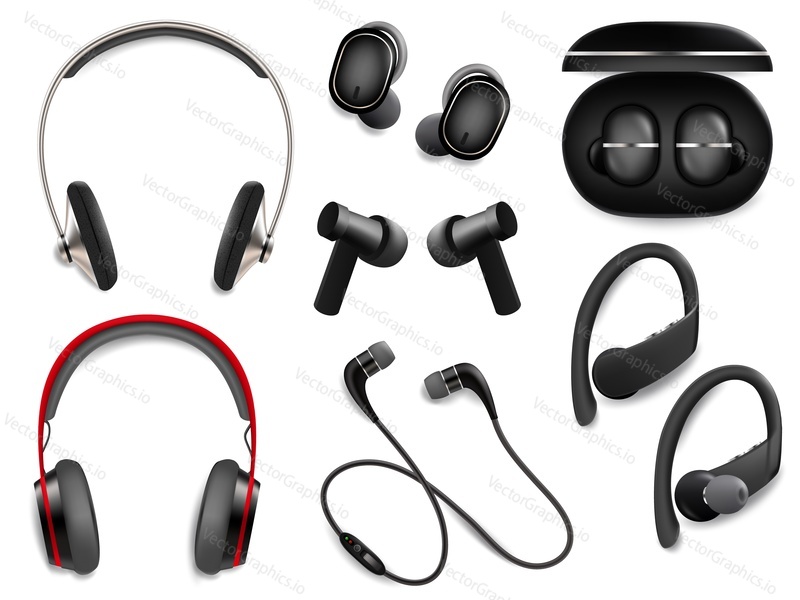 Realistic wireless headphones, vector illustration isolated on white background. Earphones, music accessories.