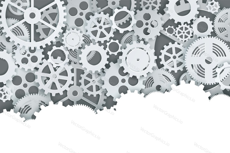 Cogwheel gear clock mechanism poster design template, vector illustration in paper art modern craft style. Steampunk style clockwork banner with copy space.