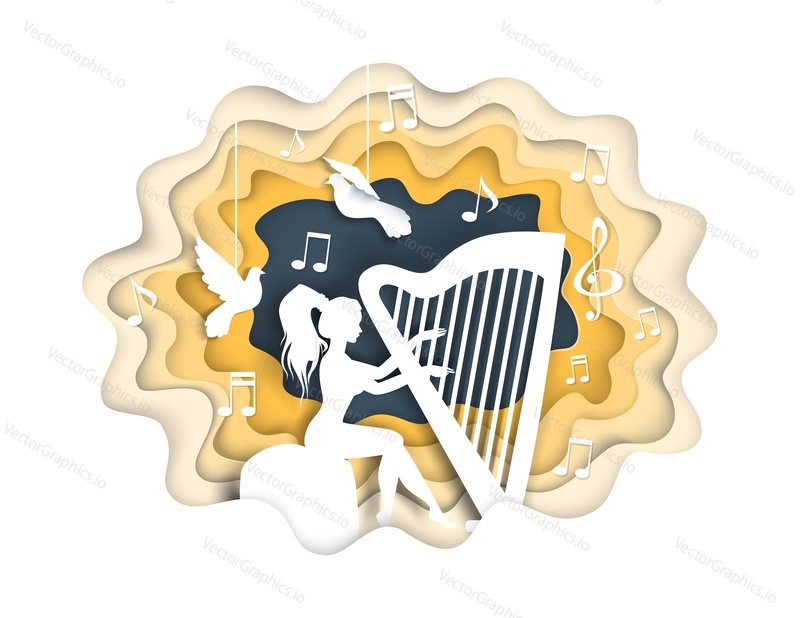 Beautiful young girl playing harp, vector illustration in paper art craft style. Woman harpist musician silhouette with doves, musical notes.