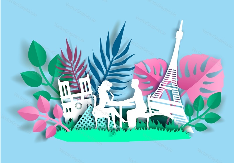 Loving couple sitting at table, floral background with Eiffel Tower and Notre-Dame Cathedral silhouettes, vector illustration in paper art craft style. Romantic travel poster, banner template.
