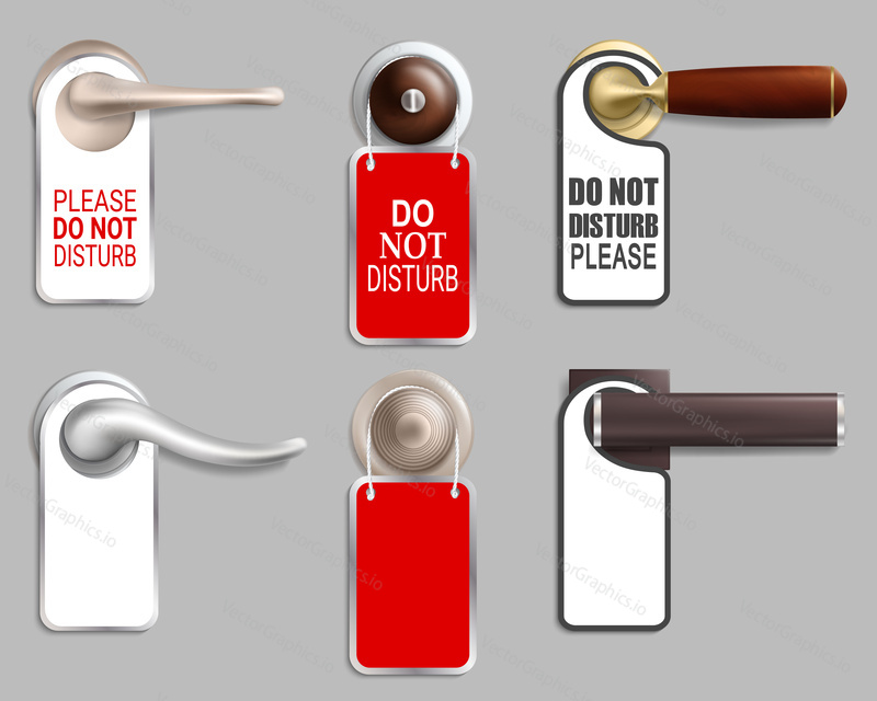 Metal door handle lock with hanger mockup set, vector isolated illustration. Do not disturb sign on hotel room door handle. Room service concept.