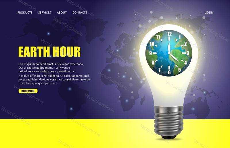 Šablona webových stránek Earth hour vector, design webových stránek a vstupních stránek pro vývoj webových stránek a mobilních stránek. Hodina Země celosvětová roční ekologická kampaň na úsporu energie.