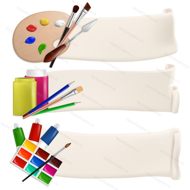 Vector set of retro banners with realistic artist tools and accessories such as palette, painting brushes, paint tubes and jars, pencils, watercolor and copy space.