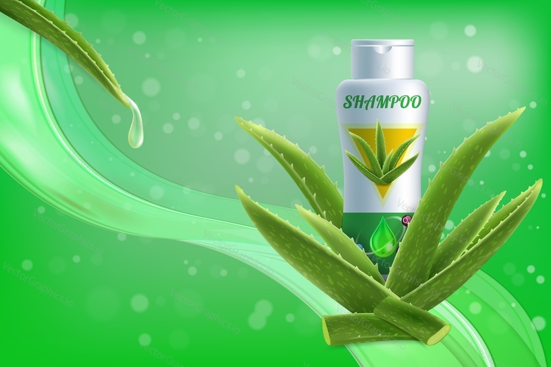 Aloe vera šampon značky vektorové reklamní plakát šablony. Produkt pro péči o vlasy s aloe vera složení organických složek s kopírovacím prostorem.