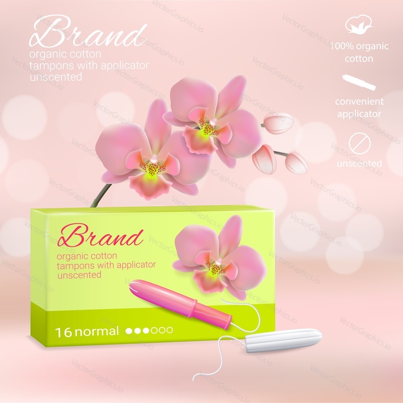 Dámská hygiena produkt vektor reklamní plakát. Tampony z organické bavlny se šablonou značky aplikátoru. Pohodlí a ochrana.