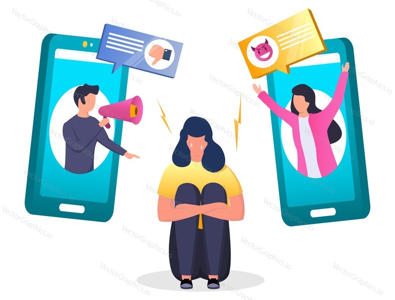 Depresivní dívka pláče sedící na podlaze kvůli přijímání nechuti a urážlivé zprávy z mobilního telefonu, vektorové ilustrace. Kybernetická šikana, koncept internetového trollingu pro webový banner, webová stránka.