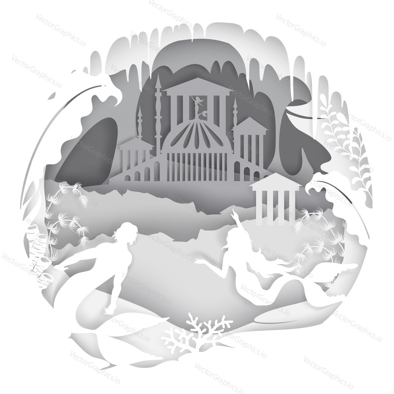 Layered paper cut style beautiful underwater palace and mermaid couple characters, vector illustration. Fairytale composition in paper art modern craft style.