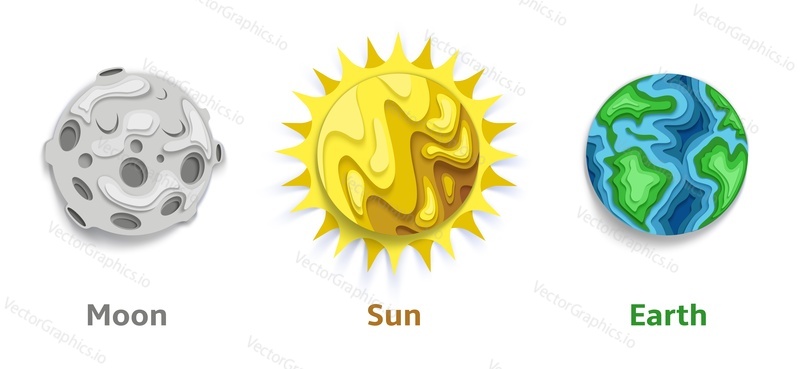 Layered paper cut style fantastic Sun, Earth solar system planet and Moon its satellite, vector illustration isolated on white background. Astronomy for kids.