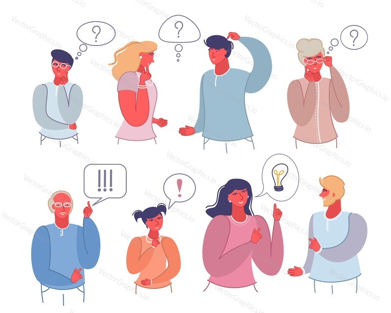 Male and female cartoon characters thinking or making decision, vector flat illustration isolated on white background. Pensive, thoughtful people with thought bubbles.