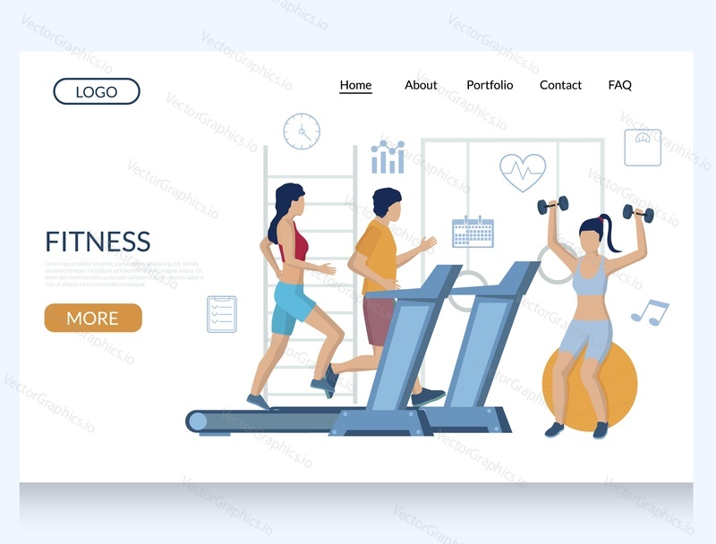 Fitness vektorová šablona webových stránek, design webových stránek a vstupních stránek pro vývoj webových stránek a mobilních stránek. Trénink v tělocvičně s činkami a fitness míčem, kardio cvičení na běžeckém pásu.