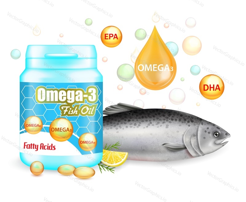 Vektorové realistické omega-3 mastné kyseliny plastová láhev balení maketa, lososově červená ryba, zlato vitamin softgel pilulky a kapky. Omega 3 rybí olej doplněk reklamní plakát design šablony.