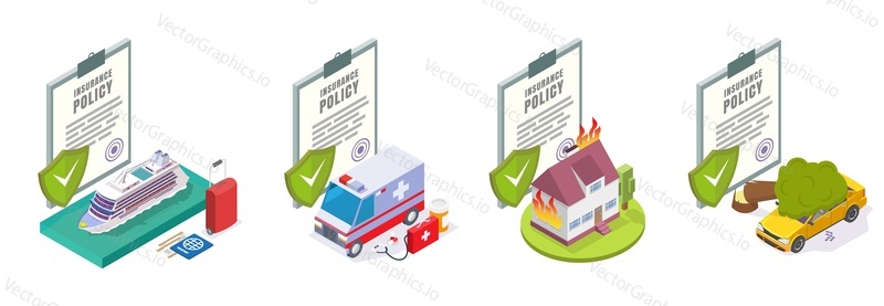 Pojišťovací služby, vektorové ilustrace izolovaných na bílém pozadí. Cestovní, lékařské, pojištění domácnosti a automobilu izometrické kompozice pro webový banner, webovou stránku atd.