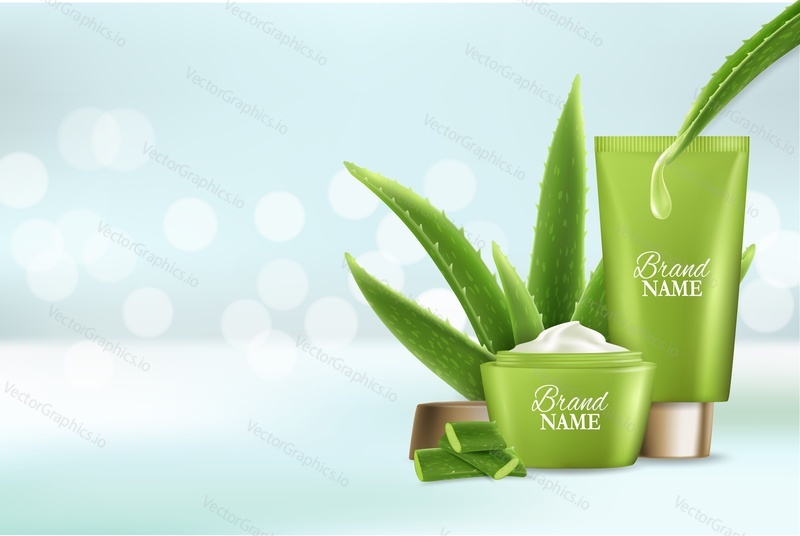 Aloe vera péče o pleť kosmetické vektorové reklamní plakát design šablony. Krása kosmetický výrobek značka propagace složení s kopií prostoru.
