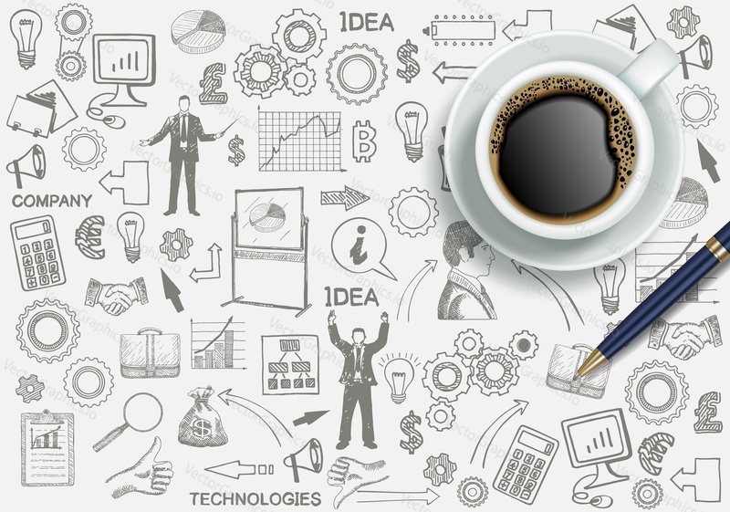 Realistic top view cup of coffee against hand drawn business and finance symbols background, vector illustration. Coffee time poster design template.