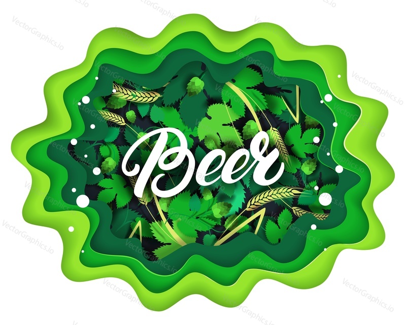 Beer label, sticker, emblem. Vector layered paper cut style creative composition with hop branches, wheat ears, beer hand lettering typography.