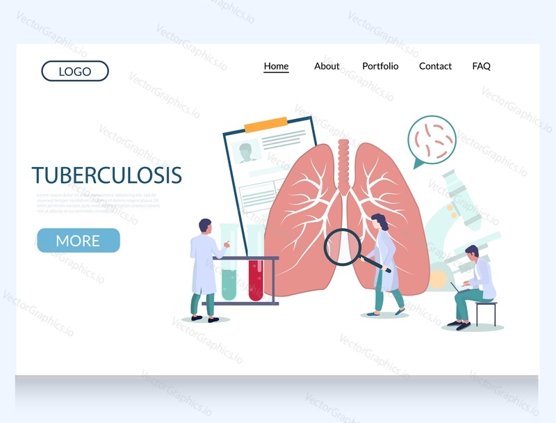 Tuberculosis vector website template, web page and landing page design for website and mobile site development. Mikro doktor kontroluje lidské plíce lupou. Pulmonologie, respirační medicína.