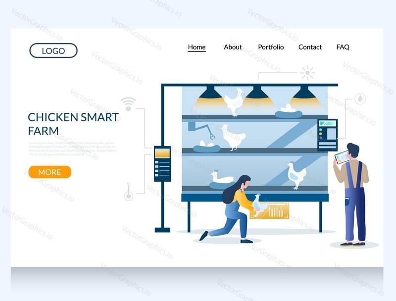 Векторный шаблон веб-сайта Chicken smart farm, дизайн веб-страницы и целевой страницы для разработки веб-сайтов и мобильных сайтов. Концепция технологии управления птицеводством.