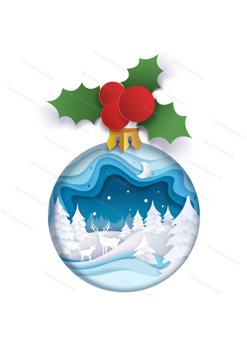Vrstvený papír řez vánoční strom koule s zimní noční krajiny, sob rodina uvnitř a holly berry, vektorové izolované ilustrace. Veselé Vánoce Šťastný Nový rok složení v papírovém uměleckém stylu.