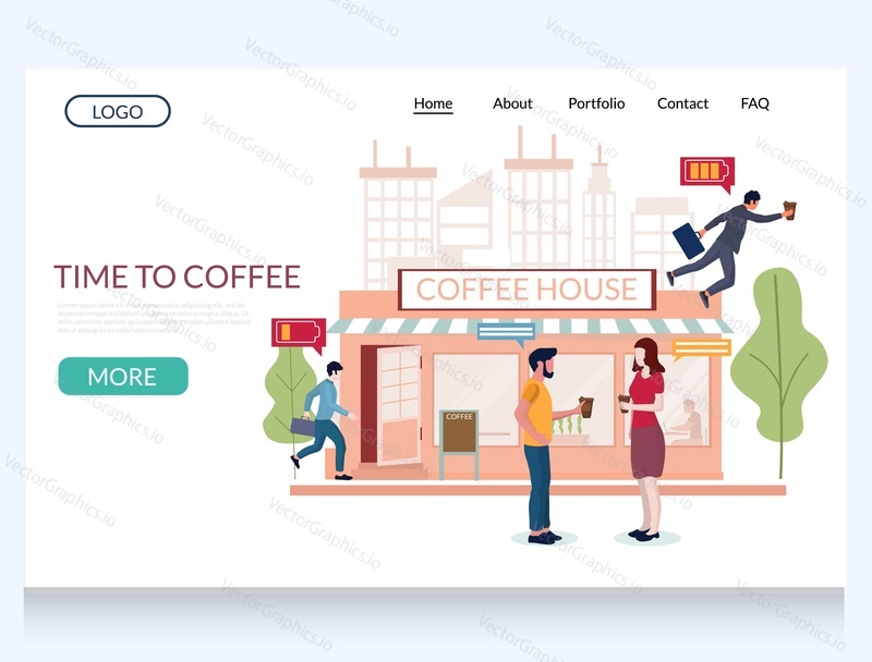 Векторный шаблон веб-сайта Time to coffee, дизайн веб-страницы и целевой страницы для разработки веб-сайтов и мобильных сайтов. Концепция кофе-брейка с мужскими и женскими персонажами, деловыми людьми с кофейными чашками.