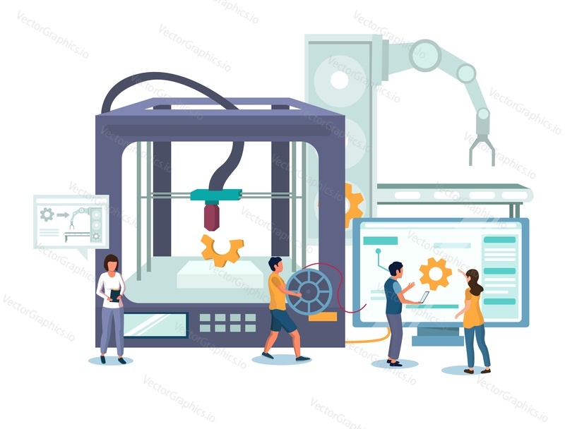 Objekt budovy 3D tiskárny z digitálního počítačového modelu, vektorové ilustrace. Koncept technologie aditivní výroby pro webový banner, webovou stránku atd.