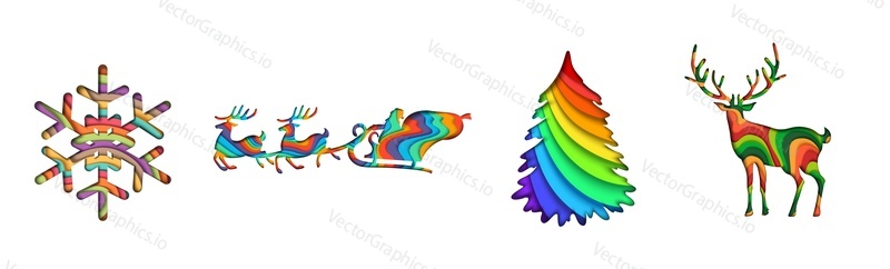 Layered paper cut snowflake, christmas tree, deer and Santa Claus in sleigh with reindeers silhouettes, vector illustration isolated on white background. Merry Christmas and Happy New Year symbol set.
