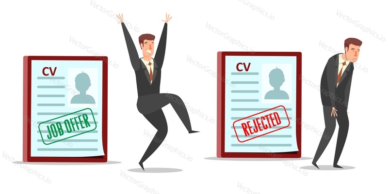Резюме cv с предложением работы и отклоненными штампами, счастливыми и грустными бизнесменами, мультяшными персонажами, векторной иллюстрацией дизайна в плоском стиле. Занятость, человеческие ресурсы, подбор персонала, концепция найма.