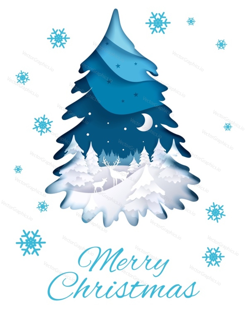 Merry Christmas greeting card vector template. Layered paper cut style Christmas tree with winter night forest landscape, deer family silhouettes inside, snowflakes and Merry Christmas hand lettering.