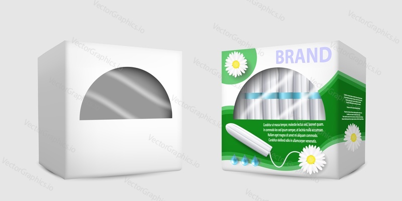 Realistic white blank and with label feminine hygiene tampons with applicator packaging box mockup set, vector isolated illustration. Soft cotton chamomile women care product brand template.