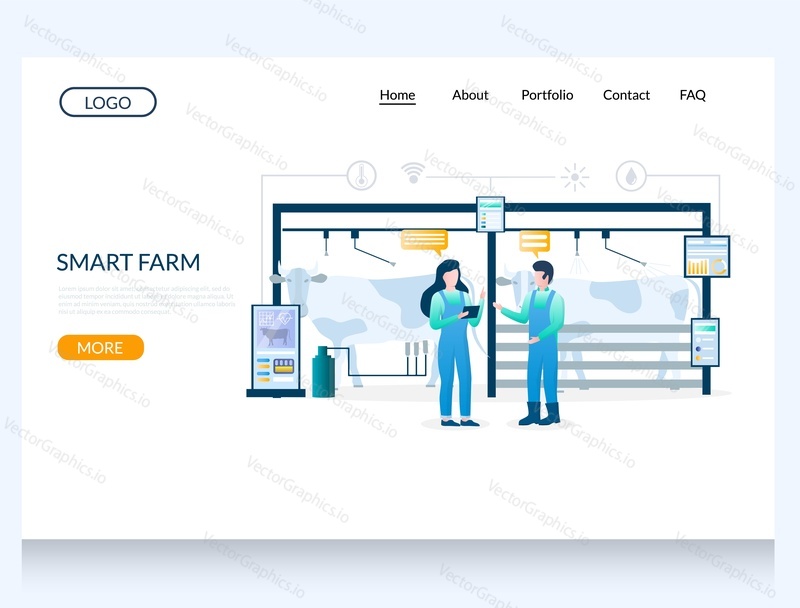 Векторный шаблон веб-сайта Smart farm, дизайн веб-страницы и целевой страницы для разработки веб-сайтов и мобильных сайтов. Автоматизированная ферма крупного рогатого скота, технология iot smart farming.