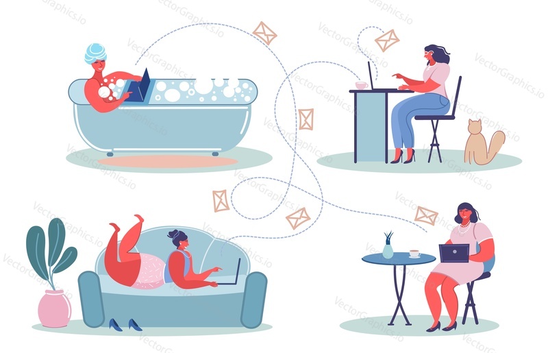 Young women communicating using laptop computers, vector flat style design illustration. Girls talking online using chat messaging app for desktop computer.