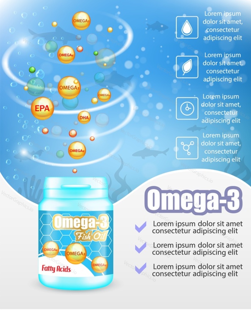 Vektorové realistické víření rybího oleje softgels, omega-3 mastné kyseliny plastová láhev balení maketa, text na modrém pozadí. Omega 3 rybí olej doplňky reklamní plakát design šablony.