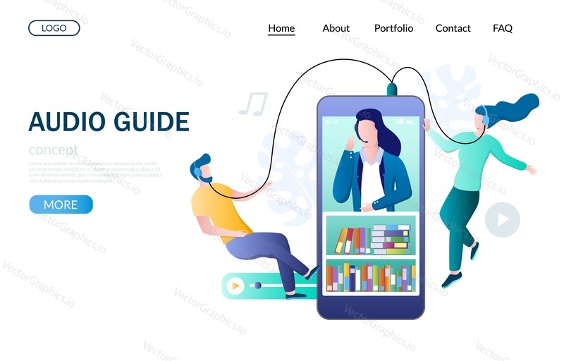 Audio guide vector website template, web page and landing page design for website and mobile site development. People in headphones listening to audioguide from mobile device.