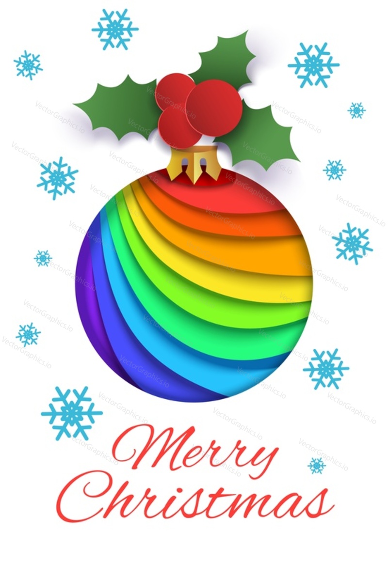 Merry Christmas greeting card vector template. Layered paper cut style colorful Christmas tree ball with holly berry, snowflakes and Merry Christmas hand lettering.